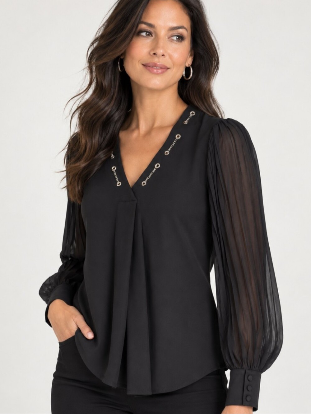 WHBM XS Black Long Sheer Pleated Sleeve V-Neck Blouse Silver Chain Detailing